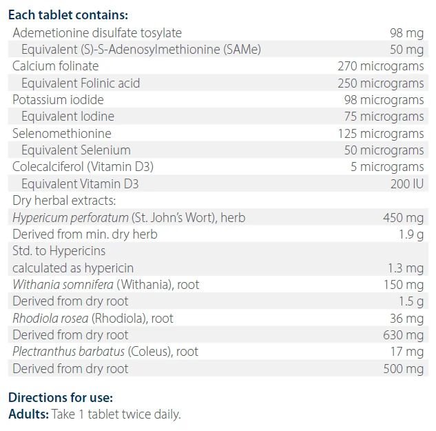 Neuro Lift Supplement Facts panel listing SAMe, St John's Wort, Withania, Rhodiola, Coleus, iodine, selenium, folinic acid and vitamin D3 with amounts