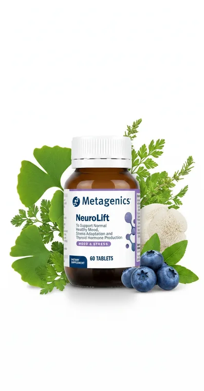 Neuro Lift mood and stress tablet bottle surrounded by botanical ingredients including ginkgo leaves, herbs and blueberries