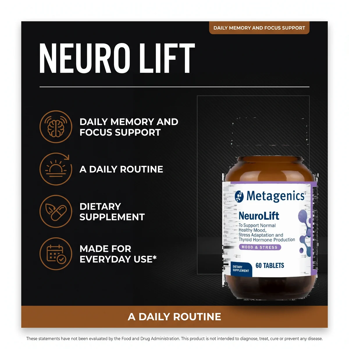 Neuro Lift product card listing daily support, a daily routine, dietary supplement and made for everyday use