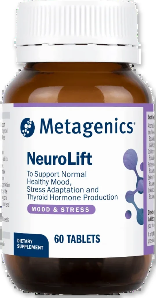 Single Neuro Lift bottle shown flat, 60 mood and stress support tablets