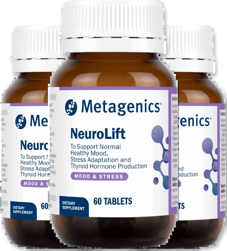 Neuro Lift 3-bottle pack shown flat, the 90 day supply of mood and stress tablets
